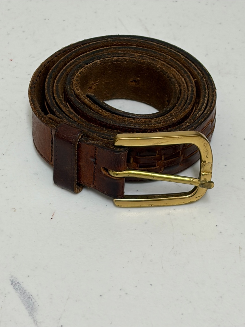 Men's Brown Leather Basketweave Belt with Gold Buckle